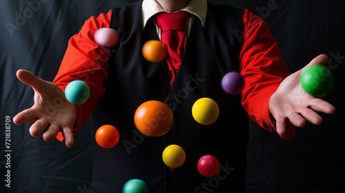 Magician juggling colorful balls in a dynamic display. photo