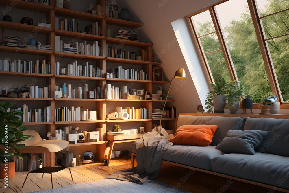 room with a cozy reading nook and bookshelves 