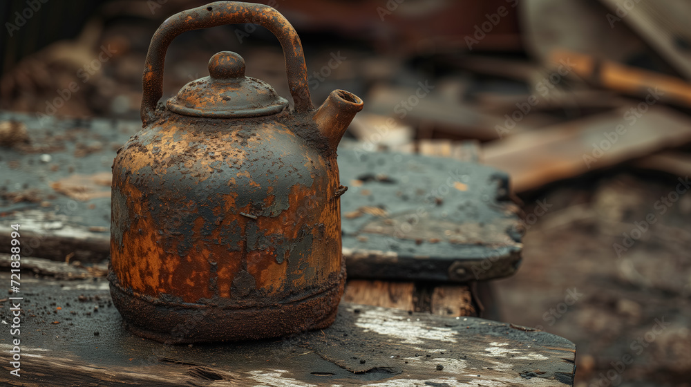 Rusty teapot on a weathered wooden surface. Rusty teapot on a weathered wooden surface.