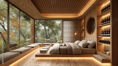 Intérieur moderne avec vue sur la forêt, salon chaleureux et élégant, lien harmonieux avec la nature © jp