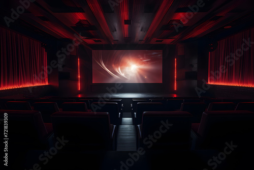 A theater space with a motorized projection scree