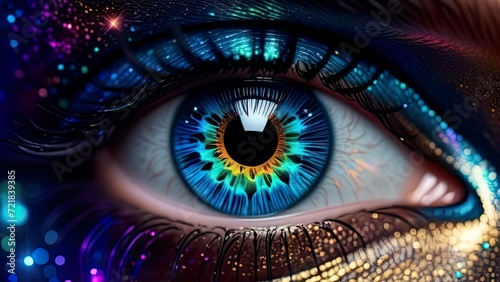 Beauty, cosmetics and makeup. Magic eyes look with bright creative make-up. Closeup of female eye. Body art. fantasy makeup