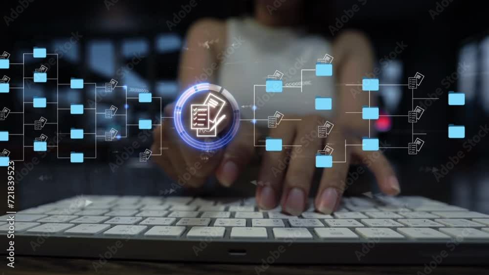 Businesswoman Using laptop to document management concept, online documentation database and digital file storage system or software, records keeping, database technology, file access, doc sharing