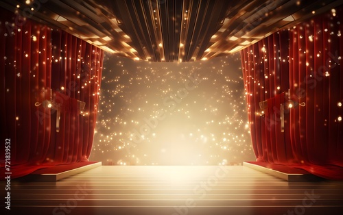 stage backdrop with golden lights and red curtains