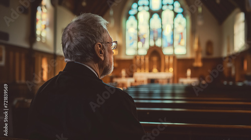 Man sitting solemnly in a church pew.