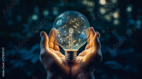 A light bulb shines in the hands of an engineer inspirational thinking ideas Creative solutions for sustainable business growth Engineer checking technology photo