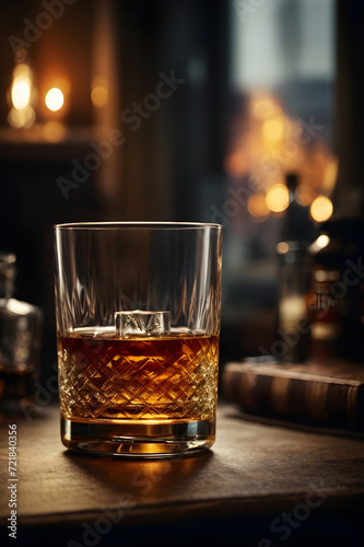 a whisky glass filled with whisky and an ice cube stands on a table
