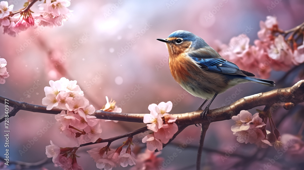 little bird sitting on tree brach with spring blossoms