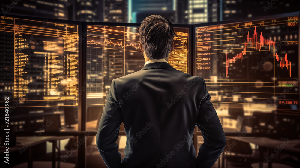 back of businessman in suit with market stock investment portfol back of businessman in suit with market stock investment portfol