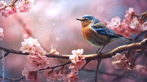 little bird sitting on tree brach with spring blossoms © pasakorn