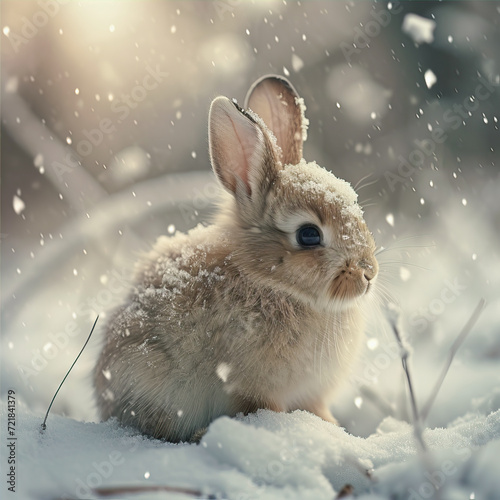 A little bunny sits in the snow in the forest.  © Olya Fedorova