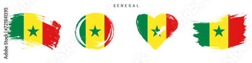 Senegal hand drawn grunge style flag icon set. Senegalese banner in official colors. Free brush stroke shape, circle and heart-shaped. Flat vector illustration isolated on white.