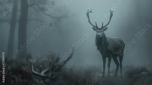 A deer with huge antlers walks through a dark dark forest 