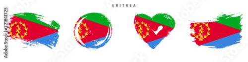 Eritrea hand drawn grunge style flag icon set. Eritrean banner in official colors. Free brush stroke shape, circle and heart-shaped. Flat vector illustration isolated on white.