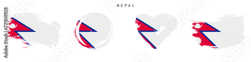 Nepal hand drawn grunge style flag icon set. Nepali banner in official colors. Free brush stroke shape, circle and heart-shaped. Flat vector illustration isolated on white.
