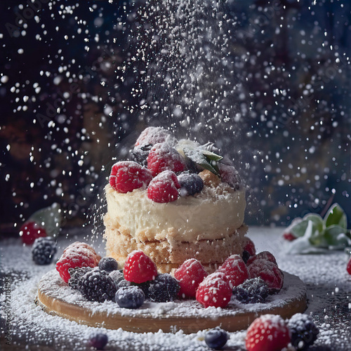 A small  beautiful cake  decorated with berries and generously sprinkled with powdered sugar on top. 