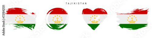 Tajikistan hand drawn grunge style flag icon set. Tajik banner in official colors. Free brush stroke shape, circle and heart-shaped. Flat vector illustration isolated on white.