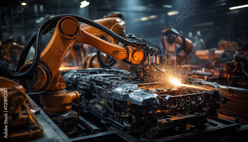 Automated robotic arms creating sparks while precision welding a car body on an industrial assembly line in a vehicle manufacturing plant. photo