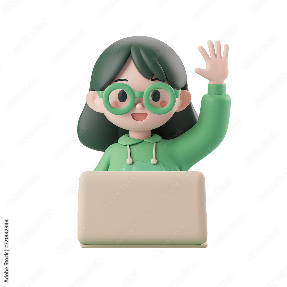 A girl in a cartoon 3D style sits at a laptop and waves her hand
