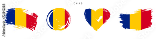 Chad hand drawn grunge style flag icon set. Chadian banner in official colors. Free brush stroke shape, circle and heart-shaped. Flat vector illustration isolated on white.