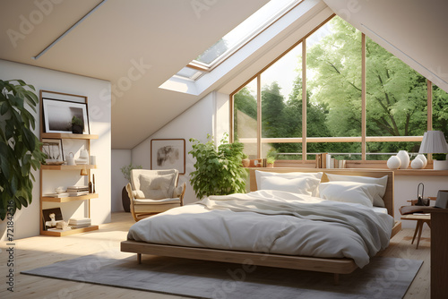 airy bedroom with a vaulted ceiling and skylights photo