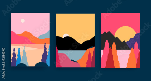 travel vector flat template set , landscapes with  sunrise, sunset mountains, trees , water 