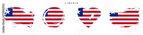 Liberia hand drawn grunge style flag icon set. Liberian banner in official colors. Free brush stroke shape, circle and heart-shaped. Flat vector illustration isolated on white.