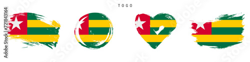 Togo hand drawn grunge style flag icon set. Togolese Republic banner in official colors. Free brush stroke shape, circle and heart-shaped. Flat vector illustration isolated on white.