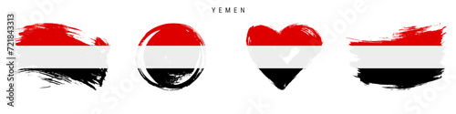 Yemen hand drawn grunge style flag icon set. Yemeni banner in official colors. Free brush stroke shape, circle and heart-shaped. Flat vector illustration isolated on white.