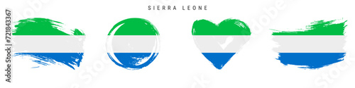 Sierra Leone hand drawn grunge style flag icon set. Salone banner in official colors. Free brush stroke shape, circle and heart-shaped. Flat vector illustration isolated on white.