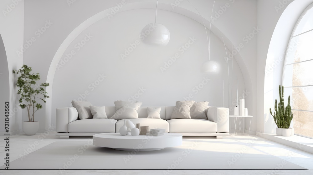 Curved white sofa in room with arch. Minimalist home interior design of modern living room Minimalist home . Generative Ai Curved white sofa in room with arch. Minimalist home interior design of modern living room Minimalist home . Generative Ai