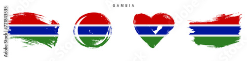 Gambia hand drawn grunge style flag icon set. Gambian banner in official colors. Free brush stroke shape, circle and heart-shaped. Flat vector illustration isolated on white.