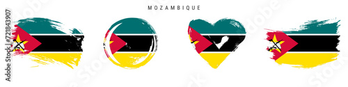 Mozambique hand drawn grunge style flag icon set. Mozambican banner in official colors. Free brush stroke shape, circle and heart-shaped. Flat vector illustration isolated on white.