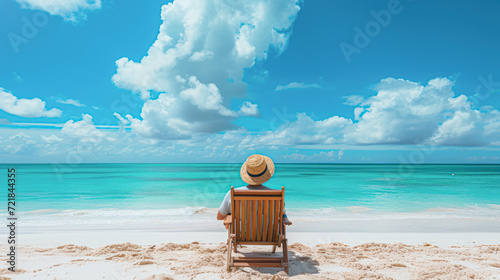 Back view of a person in a straw hat relaxing on a wooden beach chair, facing the calm turquoise ocean under a clear sky with fluffy clouds. photo