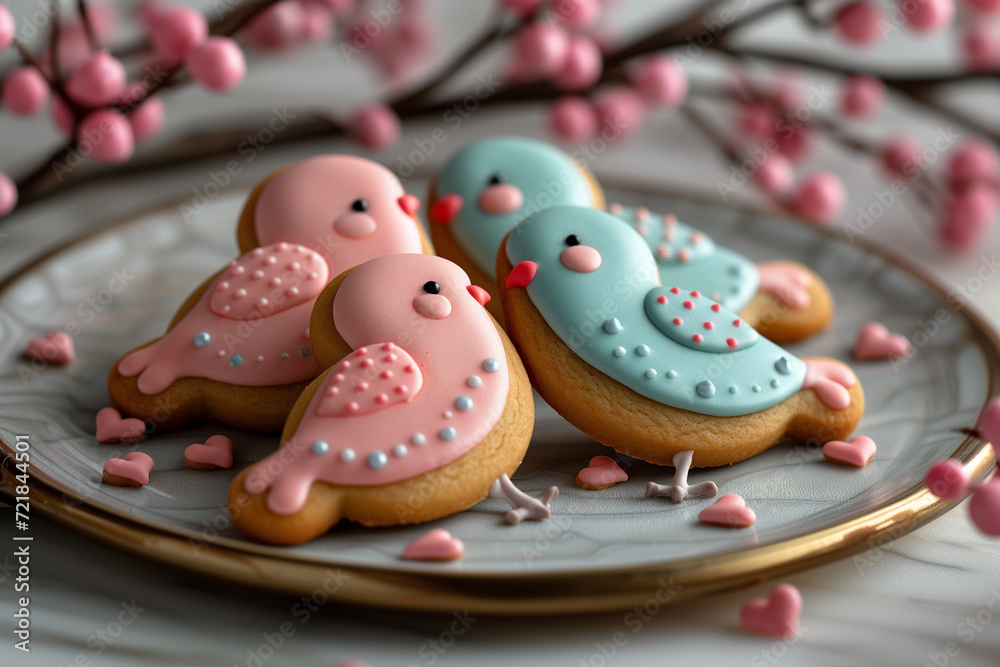 Artfully decorated bird shaped cookies with pastel-colored icing, presented on a stylish plate with delicate spring blossoms in the background.
