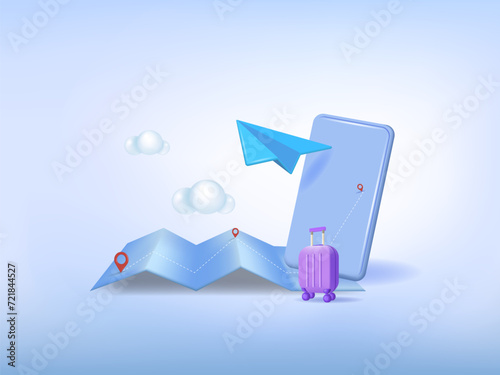 The concept of booking flights online. 
Tourism and vacation trip planning. 3d vector image