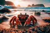 A little crab on the beach at sunset. The concept of exotic and exotic tourism