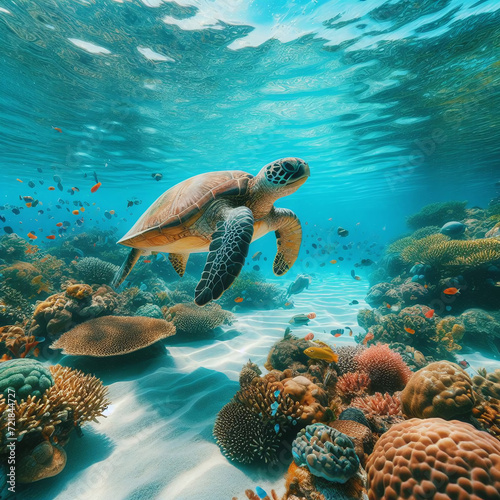 Hawaiian Green Sea Turtle (Chelonia mydas) on a coral reef.