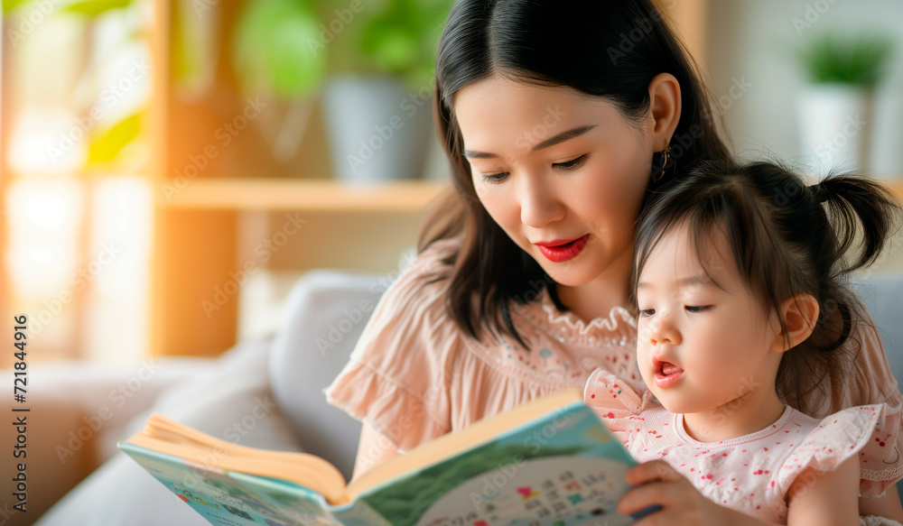 Obraz premium Oriental mother and son reading in the living room of her house. International book day