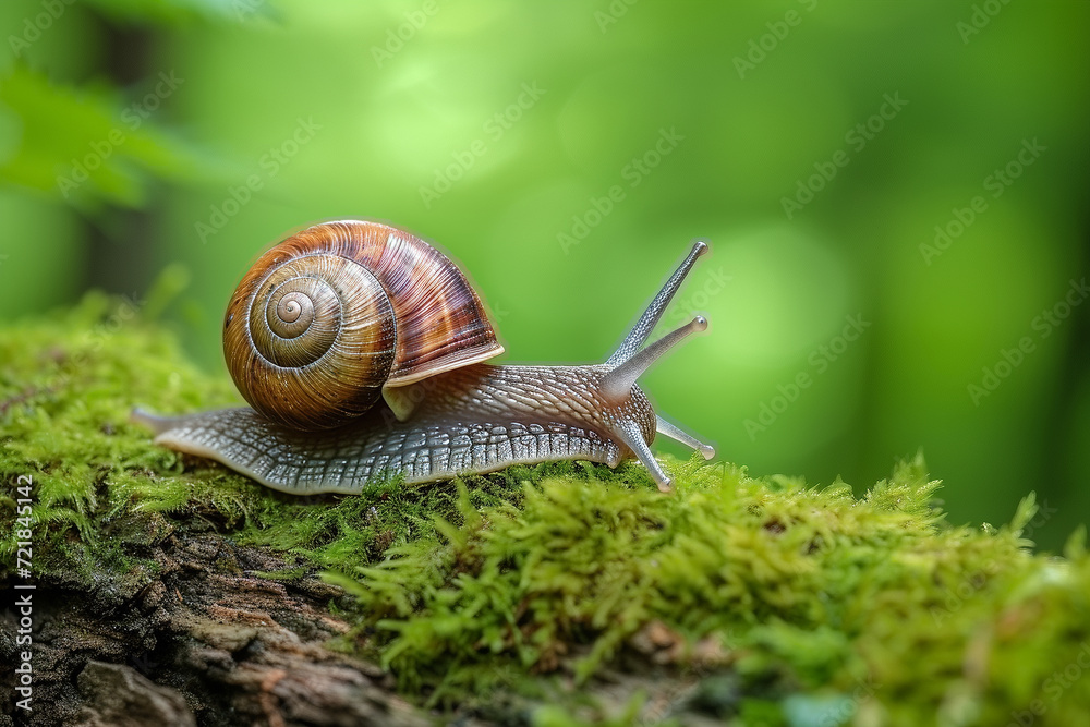 An image of a common garden snail with a brown banded shell, slowly crawling over a mossy log in a lush green forest - Generative AI An image of a common garden snail with a brown banded shell, slowly crawling over a mossy log in a lush green forest - Generative AI