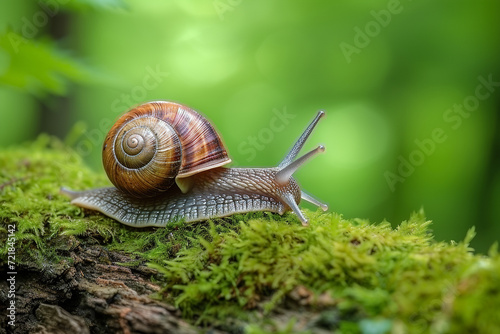 An image of a common garden snail with a brown banded shell, slowly crawling over a mossy log in a lush green forest - Generative AI © lilyl