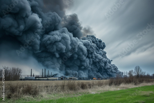 Explosive destruction of an industrial complex surrounded by dark toxic smoke obscuring nature and the sky. A monumental environmental threat.