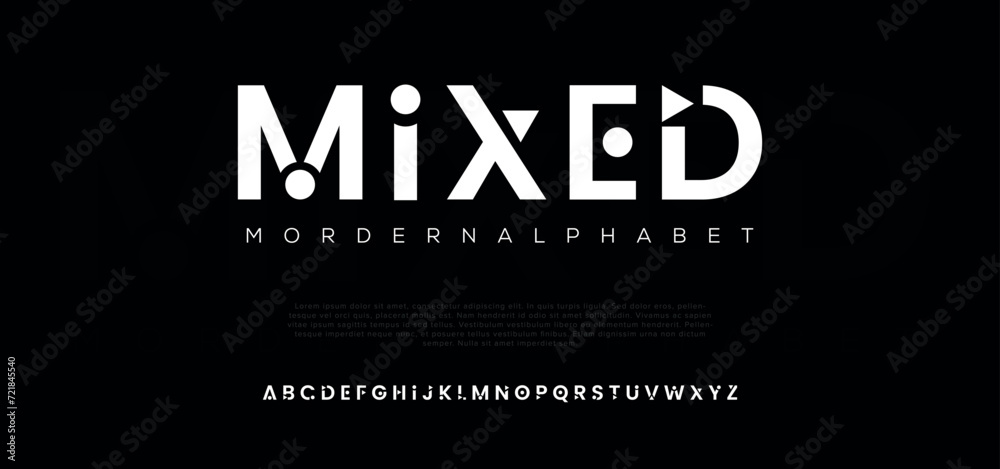 Mixed  modern alphabet. Dropped stunning font, type for futuristic logo, headline, creative lettering and maxi typography. Minimal style letters with yellow spot. Vector typographic design - obrazy, fototapety, plakaty 