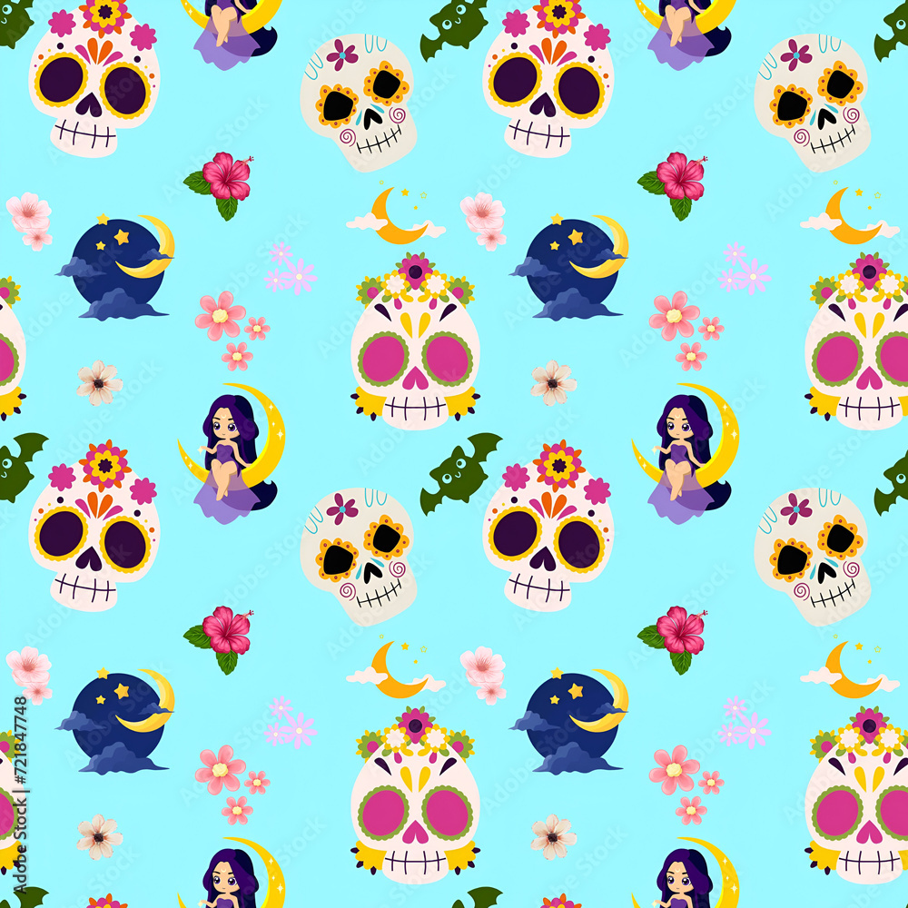 Obraz premium Seamless cartoon pattern illustration of skulls for Halloween. moon,stars,girl,clouds,night,skull,halloween,bats,flowers,seamless pattern,textile,print.