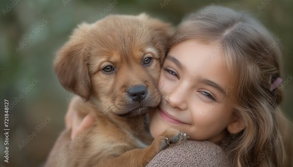 A young girl shares a tender moment with her puppy dog amidst a field of yellow flowers in the fall.