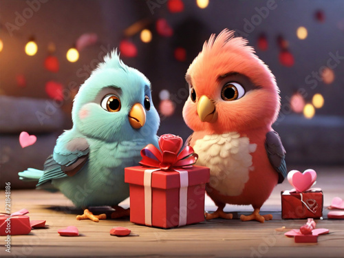 playful and adorable scene of animated lovebirds exchanging gifts on Valentine's Day.