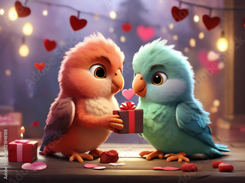 playful and adorable scene of animated lovebirds exchanging gifts on Valentine's Day.