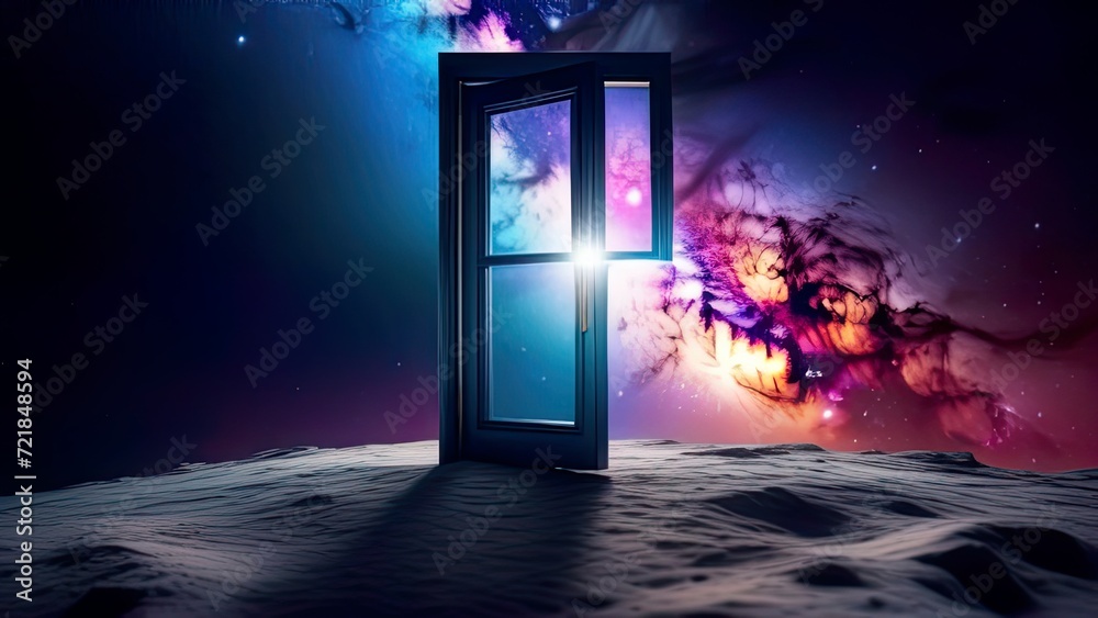 an open door to the universe. Expand the concept of boundaries. Space element. Concept for mental health, freedom, imagination and creativity. Positive mind, peaceful, enjoying life. Philosophy.