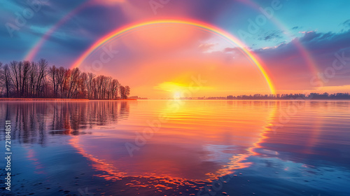水に反射する夕方の虹