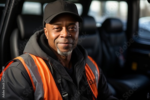 Happy african american truck driver relaxing in vehicle cabin, making eye contact with camera